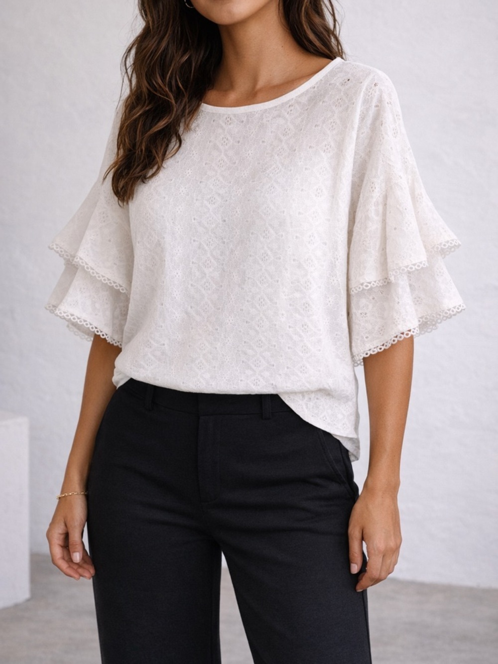 🤍 Cable & Gauge White Lace Flutter Sleeve Top | Fits L–XL | Feminine Chic